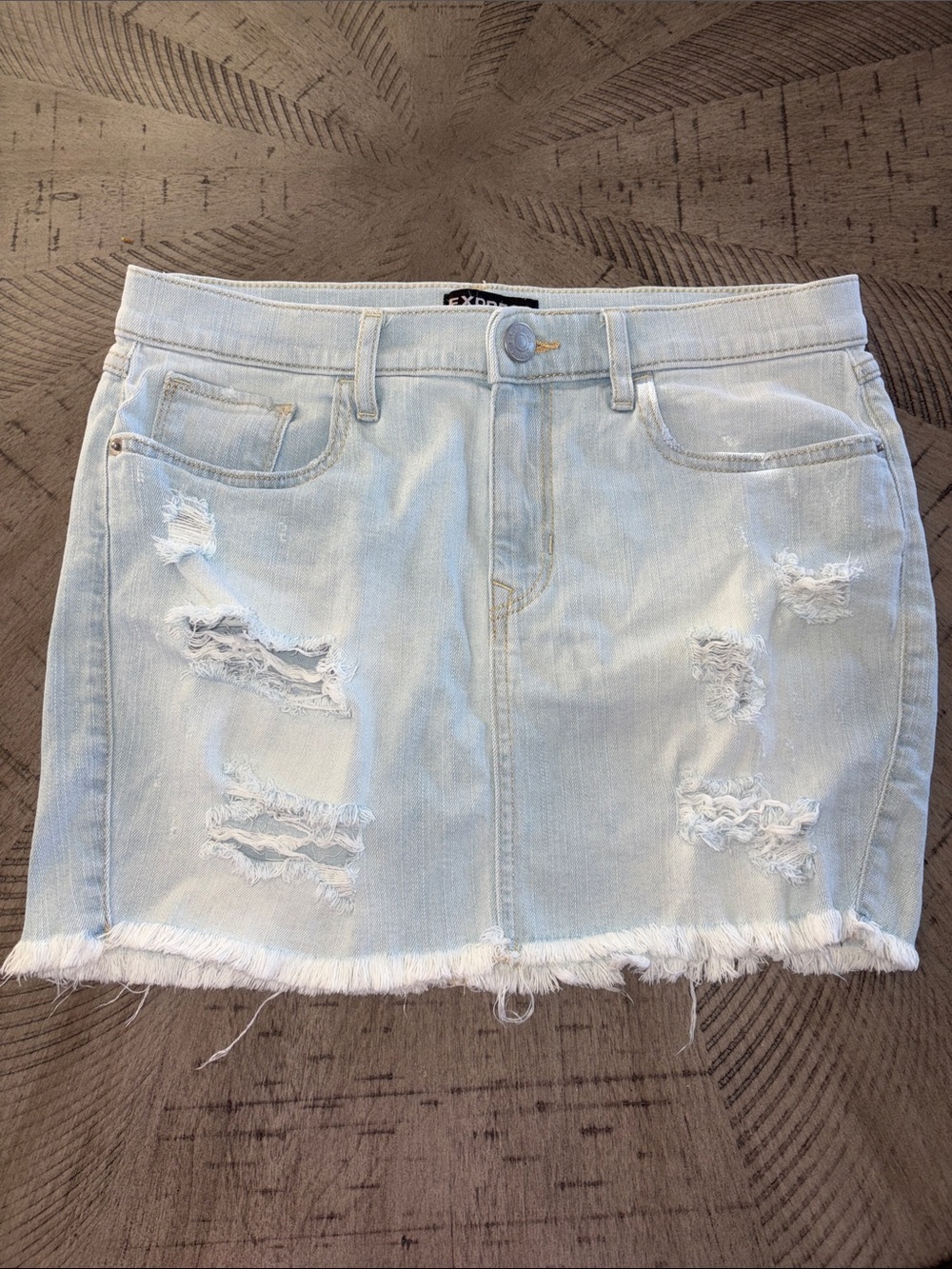 Express Light Blue Distressed Denim Mini Skirt